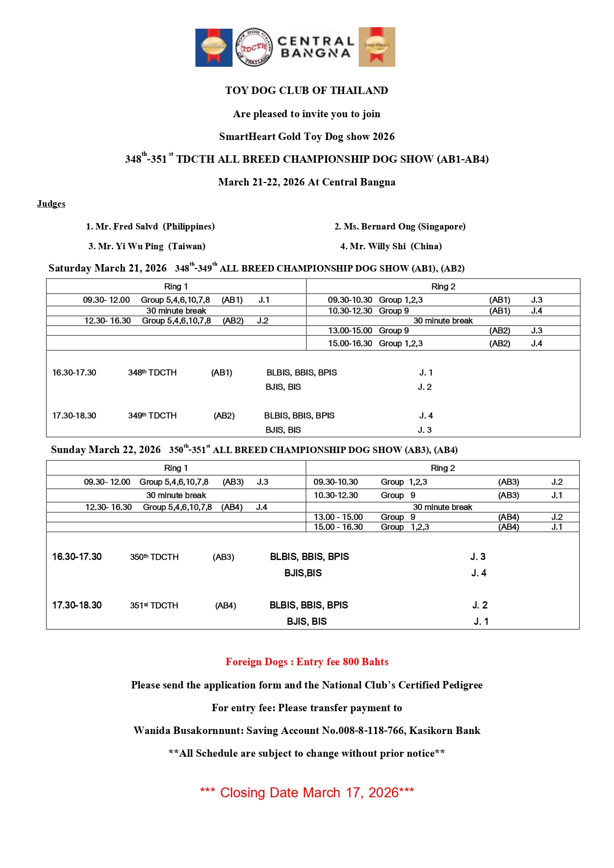 ตารางงานประกวดสุนัข SmartHeart Gold Toy Dog show 2026